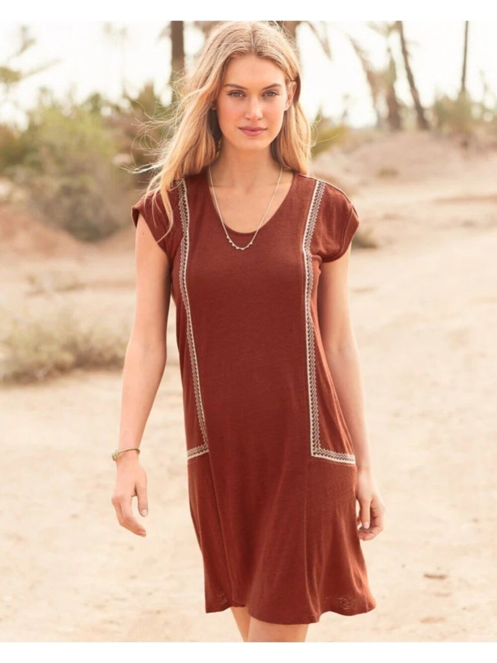 Garnet Hill Sz L Organic-Linen Embroidered Knit Dress Rust Red Quite Luxury